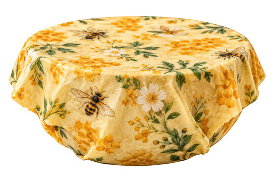 A beeswax food wrap with a bee and floral pattern, covering a bowl. The wrap is yellow with illustrations of bees, flowers, and honeycomb patterns ,Transparant Backround, AI generative