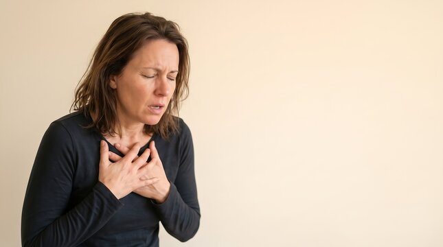 Mature woman holding her chest gasping for air, suffering from severe shortness of breath, dyspnea, or asthma attack with copy space