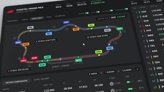 Motorsport Race Timing Dashboard, Coastal Grand Prix HUD, Safety Car Telemetry Screen, Live Lap Data, GP Circuit Graphic, Digital Racing Board, Formula Interface, Telemetry Graphics Display