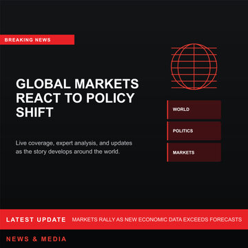 Breaking news web banner vector template global markets react to policy shift media broadcast post layout design
