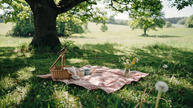 Red checkered picnic blanket with basket and cups under a large tree in a sunny green field with dandelions
