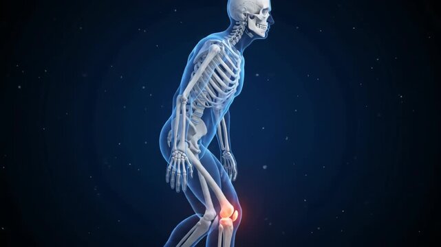 3d medical animation of human skeleton showing knee joint pain