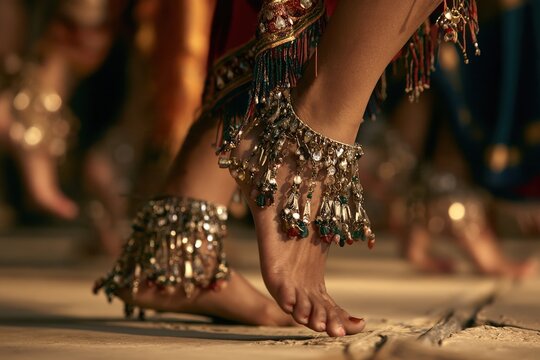 Close-up of dancer's feet adorned with jingling festival anklets in motion