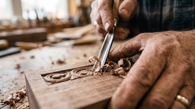 Skilled craftsman meticulously carves intricate details into wood with a chisel creating wood shavings