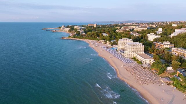 St Constantine and Helena beach Varna Bulgaria aerial drone view long sandy coastline sunbeds luxury hotels Black Sea early morning light summer family vacation travel video