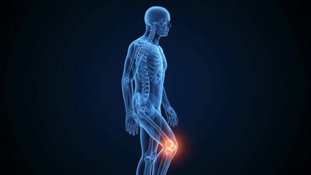 3d medical human skeleton with knee joint pain on blue background