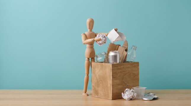 Wooden man sorting trash into recycling box