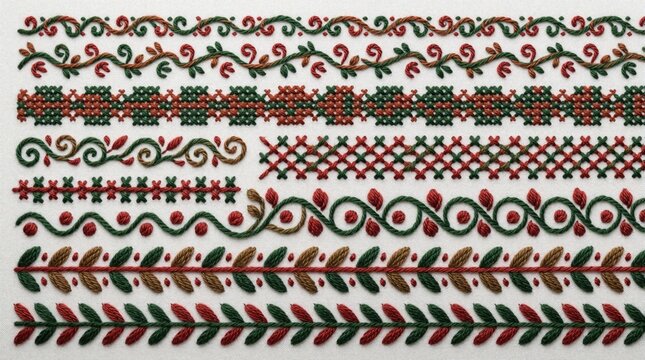 Collection of decorative embroidery stitches in red, green folk art style. Various needlework patterns with floral, leaf motifs on white background. Set of traditional cross stitch borders, sewing