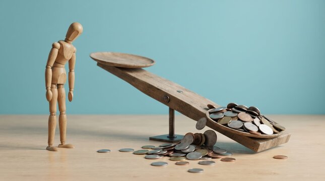 Wooden man standing near unbalanced scale with coins