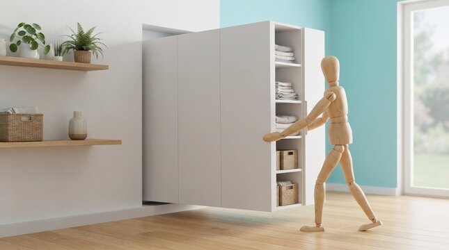 Wooden figure opening white built-in wardrobe in modern room