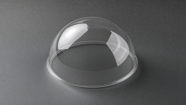 A clear, hemispherical plastic dome lid, often used for food or drink containers, isolated on a smooth, neutral gray background surface
