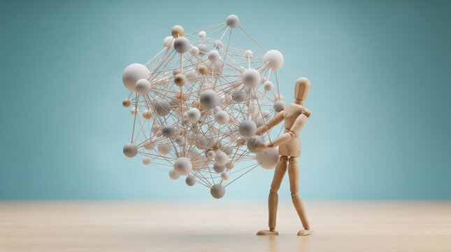 Wooden man touching floating network of connected spheres