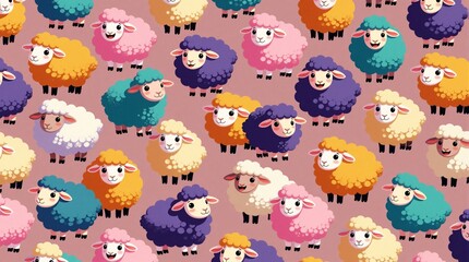 Obraz premium Seamless pattern of cute cartoon sheep with colorful wool on pink background. Diverse happy farm animals with different facial expressions repeat in textile design. Playful woolly sheep illustration
