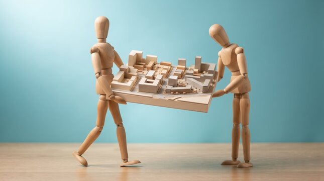 Two mannequins carrying urban model together