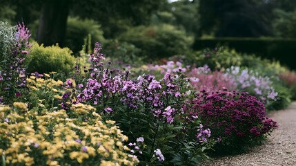 Obraz premium A vibrant garden bed bursting with colorful flowers along a gravel path under soft natural light