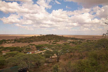 Trockene Ebene des Ngorongoro-Kraters mit Buschvegetation und Fahrzeugen © Jane Be. The Picture