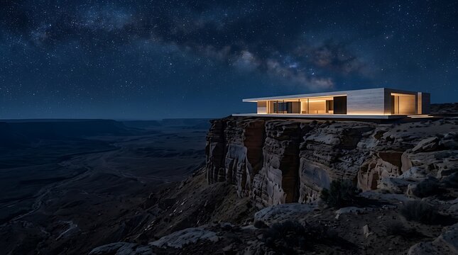 Modern cliffside home illuminated at night with a starry sky above
