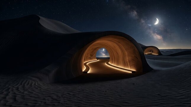Dramatic train emerging from a dark tunnel into a bright night sky