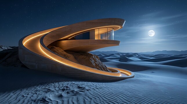 Futuristic spiral building illuminated at night under a bright full moon