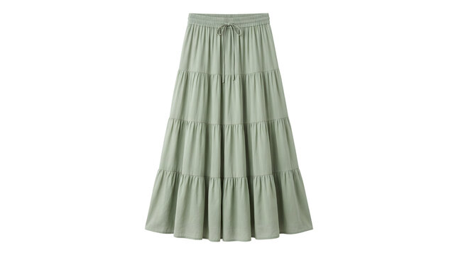 Sage green tiered maxi skirt product shot, casual boho long skirt with drawstring waist, summer women apparel mockup on isolated background