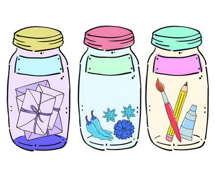 Set of Three Whimsical Hand Drawn Glass Jars Containing Letters Flowers and Art Supplies in Colorful Doodle Style Illustration Isolated on Transparent Background
