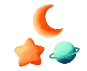 Watercolor Celestial Space Elements Set Including Orange Crescent Moon, Cute Star, and Teal Saturn Planet with Golden Outlines, Isolated on White Background for Children's Illustration © Bolangmania
