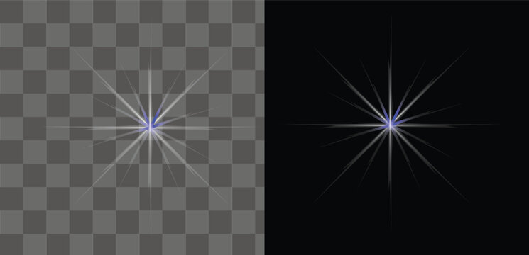 Bright starburst light effect on transparent and black backgrounds silhouette