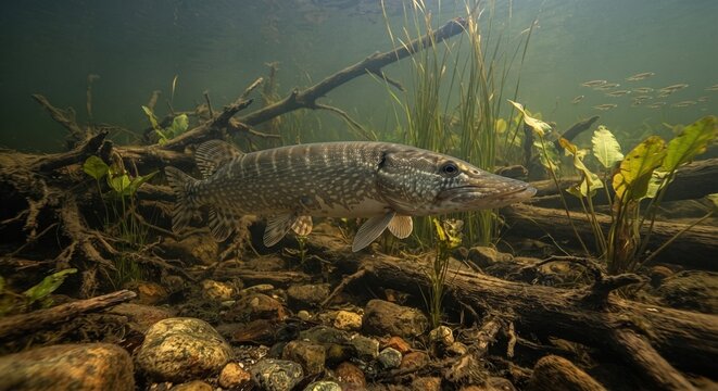 Big Northern Pike (Esox lucius) swimming underwater in clear river with green aquatic plants. Wild freshwater predator habitat.