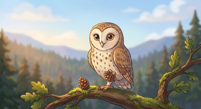Cute cartoon barn owl (Tyto alba) perched on an oak tree (Quercus) branch with a pine cone in a sunny forest. Adorable wild bird character illustration.