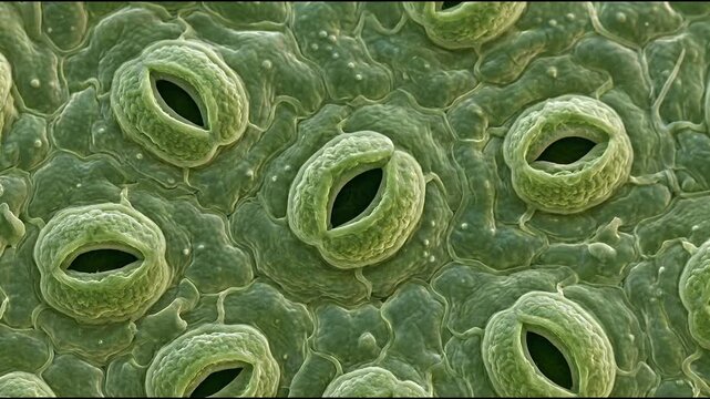 Microscopic view of green leaf stomata breathing pores