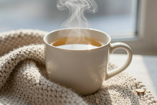 Steaming herbal tea cup resting on a wool blanket