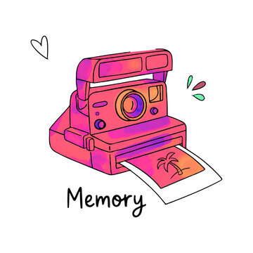 Hand Drawn Vibrant Pink and Orange Stylized Instant Camera Illustration Printing a Tropical Palm Tree Photo with Memory Text, Isolated on Transparent Background for Retro Vacation Design