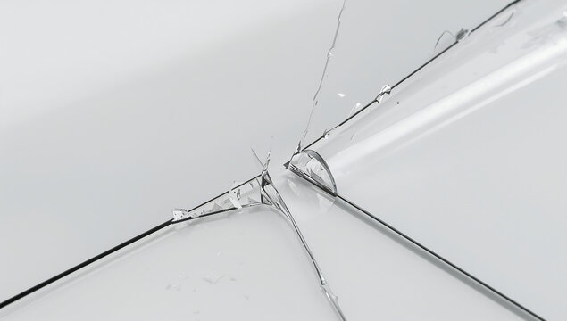 Close up of a shattered glass corner on a white background, showing sharp cracks and fragments radiating from the point of impact on the surface