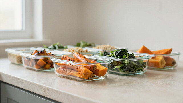 Glass containers of roasted vegetables and grains on counter
