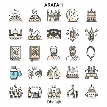 Arafah and Islamic Icons Set, Vector Illustration of Mosque, Crescent Moon, Prayer, and Religious Symbols