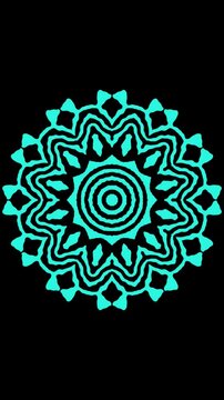 Glowing cyan blue oriental mandala pattern pulsating and spinning with blink effect