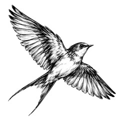 Obraz premium A sketch of a swallow in flight, with its wings spread and tail feathers fanned out. The bird is depicted in black and white. ,Transparant Backround, AI generative