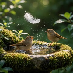 Fototapeta premium Two small brown birds splash in garden bird bath. Water droplets fly around as white feather falls from sky. Wild finches enjoy bathing in mossy stone bowl surrounded by green leaves, soft sunlight