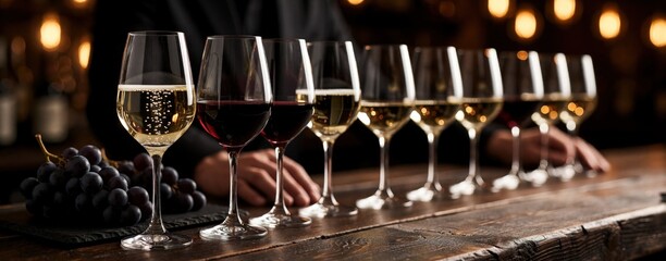 Obraz premium Row of wine glasses with red, white liquid on wooden bar. Dark grapes on slate table in foreground. Waiter stands behind glasses in dim light restaurant. Elegant tasting set with bubbles, bokeh