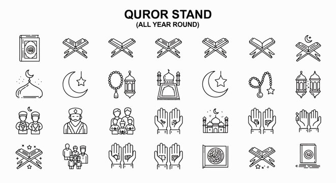 Islamic icons set, quran stand, muslim religion symbols, ramadan kareem, eid mubarak, mosque, crescent moon, prayer, vector illustration