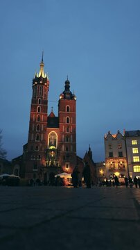 Krakow Main Market Square at Blue Hour with St. Mary's Basilica