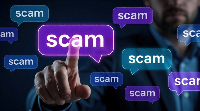 Man finger touches glowing purple speech bubble with scam text. Many colorful message icons floating in dark cyberspace. Concept of digital fraud, online phishing, cyber crime, internet deception.