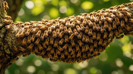 Fototapeta premium Large swarm of honey bees covers tree branch in forest. Many insects cluster together to form living bridge. Natural colony of pollinators works in community on wood surface. Group of bees shows