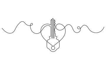 Obraz premium Heart key continuous line drawing for love solution and access symbol