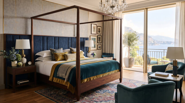 Luxury hotel bedroom interior with four poster bed and ocean view balcony