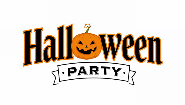 Halloween Party text logo with scary jack o lantern pumpkin isolated on white background