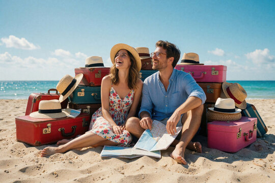 Happy young couple sits on sand with huge pile of suitcases, maps. Man, woman laugh planning summer trip at tropical beach. Travelers deal with messy luggage, navigation during fun seaside vacation