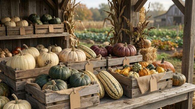 Autumn farm stand display with pumpkins gourds and wooden crates