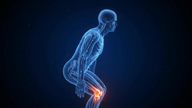 3d medical holographic man squatting with glowing knee inflammation