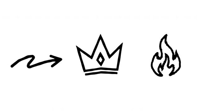 Hand drawn doodle line art animated icons pack crown arrow fire overlay 4K.